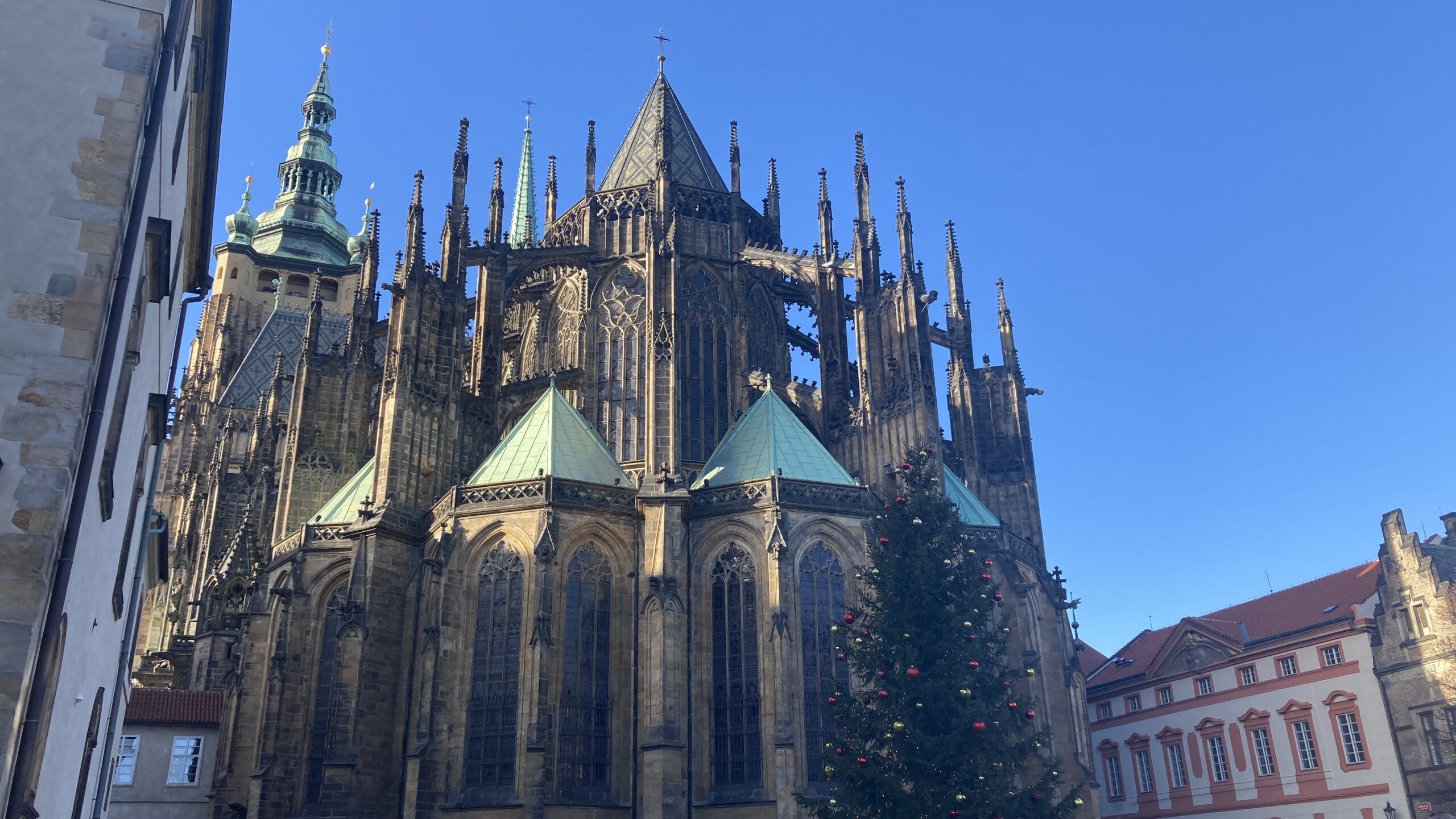 a large building with a christmas tree