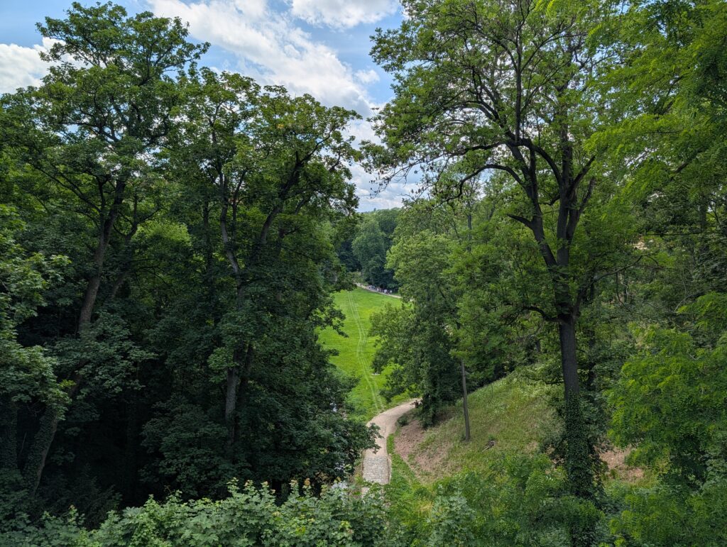 Bewaldeter Hirschgraben unterhalb der Prager Burg mit Wiesenfläche, Spazierweg und dichtem Baumbestand