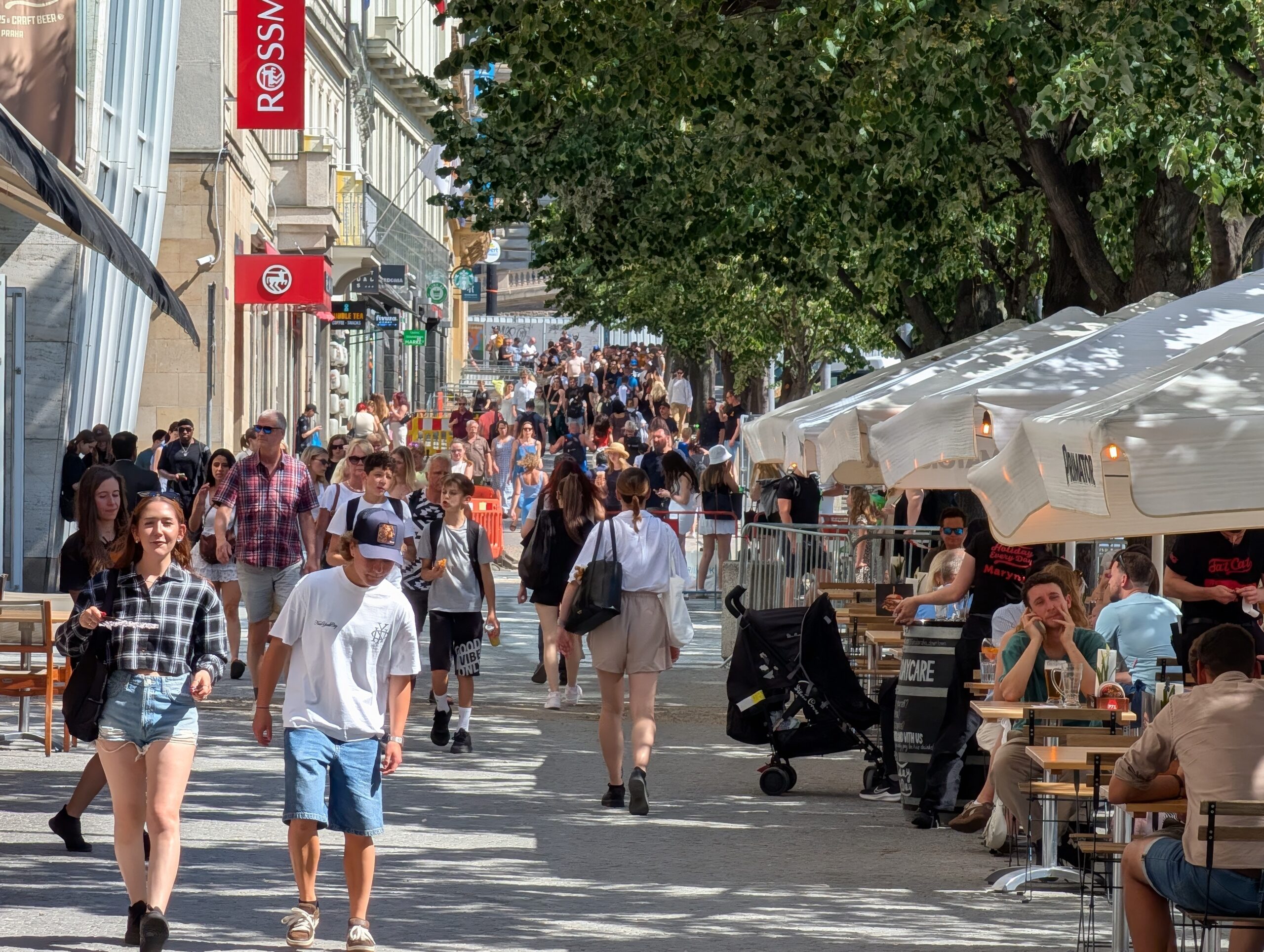 Belebter Boulevard am Wenzelsplatz (Václavské náměstí) in Prag mit zahlreichen Fußgängern, Cafés und Geschäften.