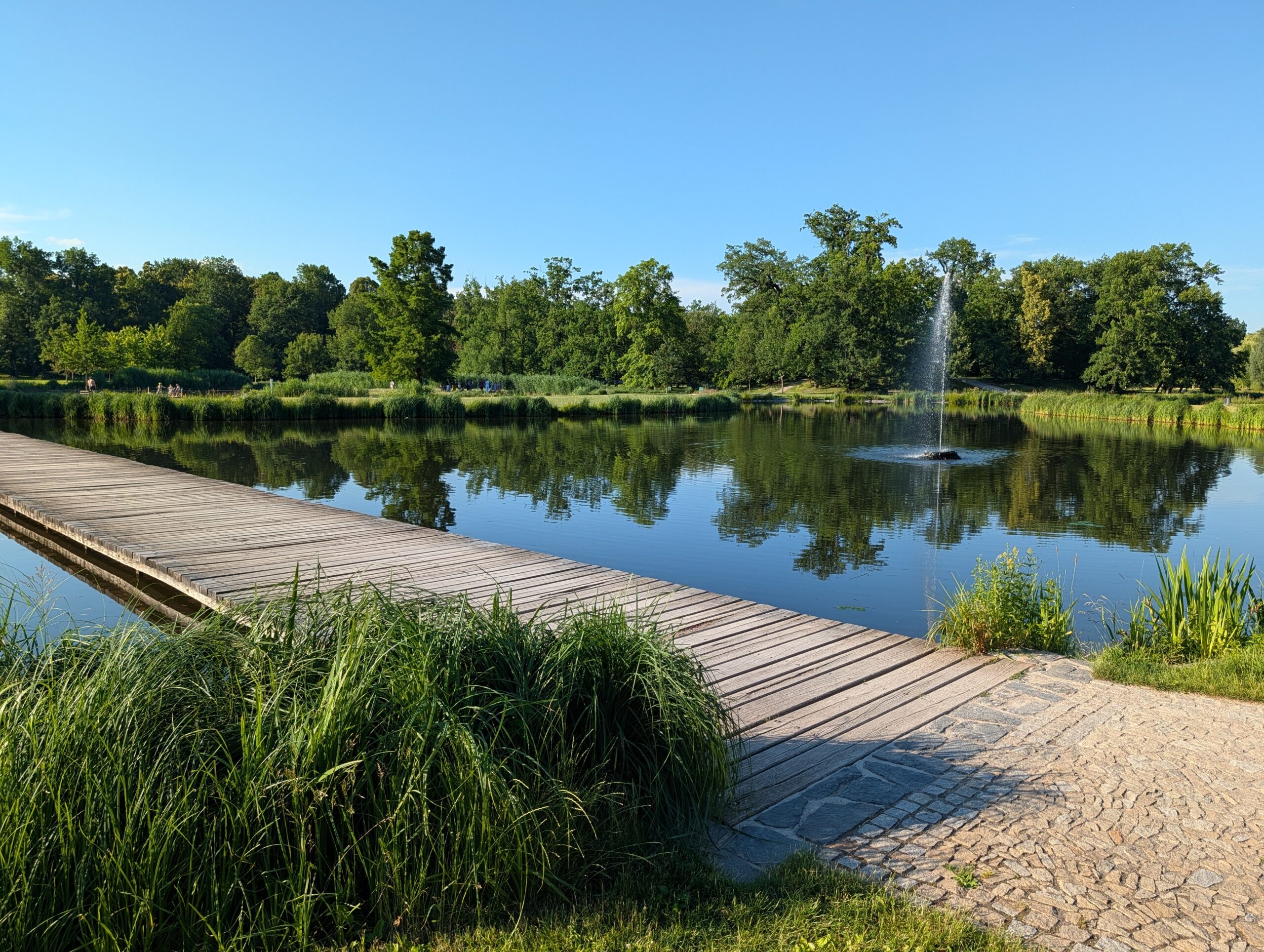 Holzsteg über einen Teich mit Springbrunnen im Königlichen Wildpark Stromovka (Královská obora Stromovka) in Prag.