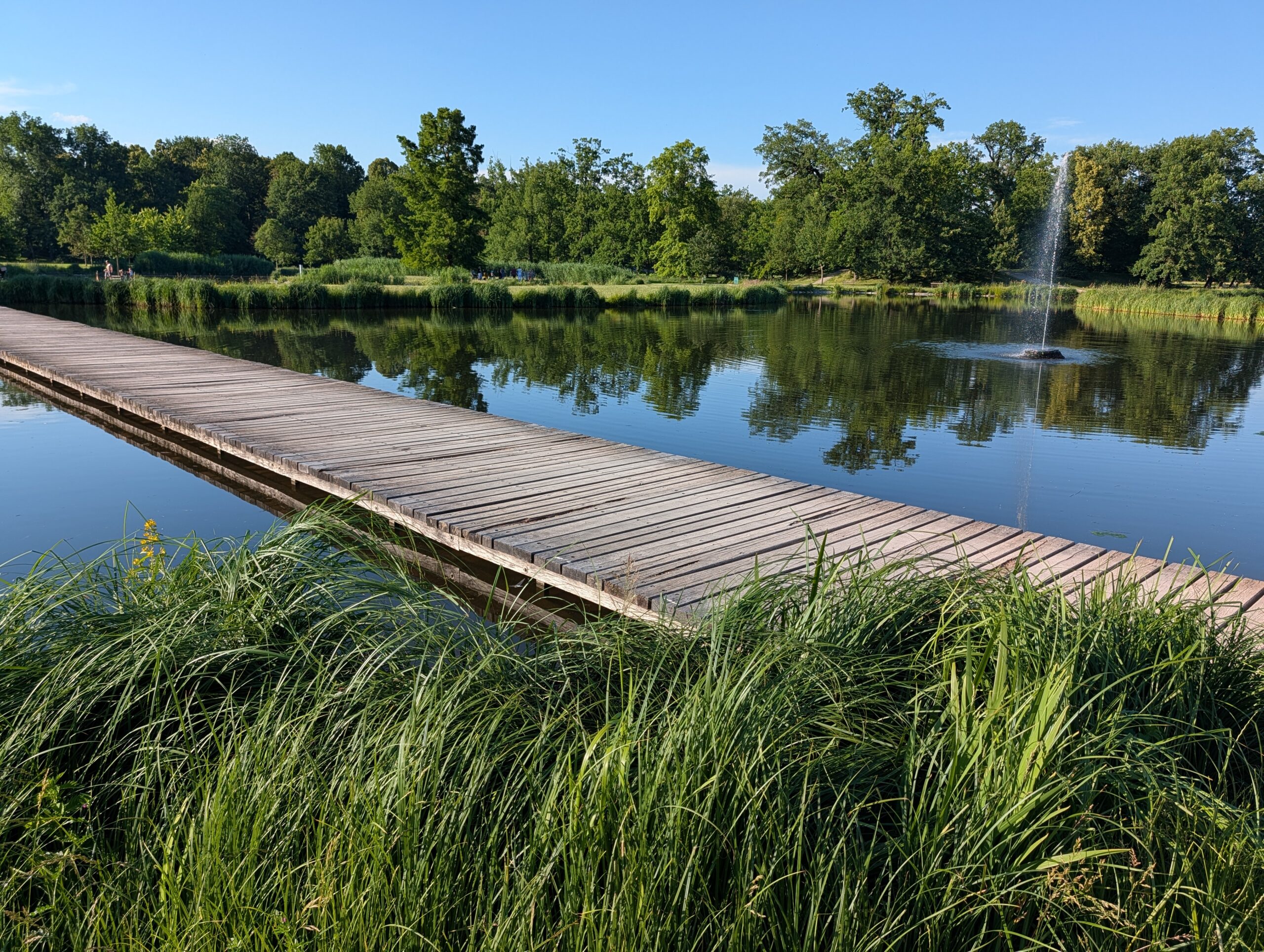 Holzsteg über einen Teich mit Springbrunnen im Königlichen Wildpark Stromovka (Královská obora Stromovka) in Prag.